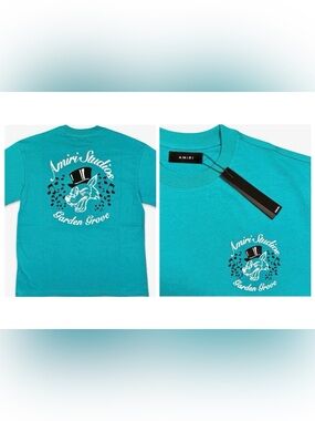AMIRI Teal Short Sleeve Front & Back Graphic T Shirt AMIRI STUDIOS GARDEN GROVE